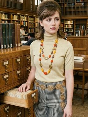 Vintage 70s Style Chunky Lucite Bead Station Long Necklace Boho Autumn Colors